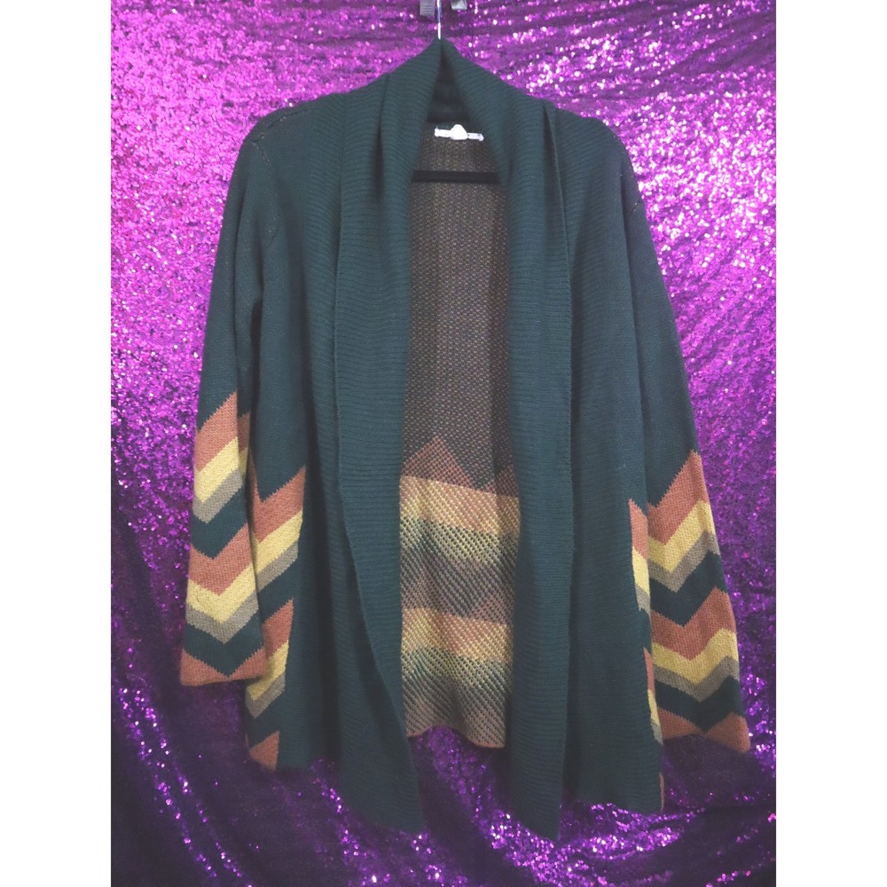 Green Cardigan L Very J Womens Chevron Print Open Front Knit Sweater 12W0005V